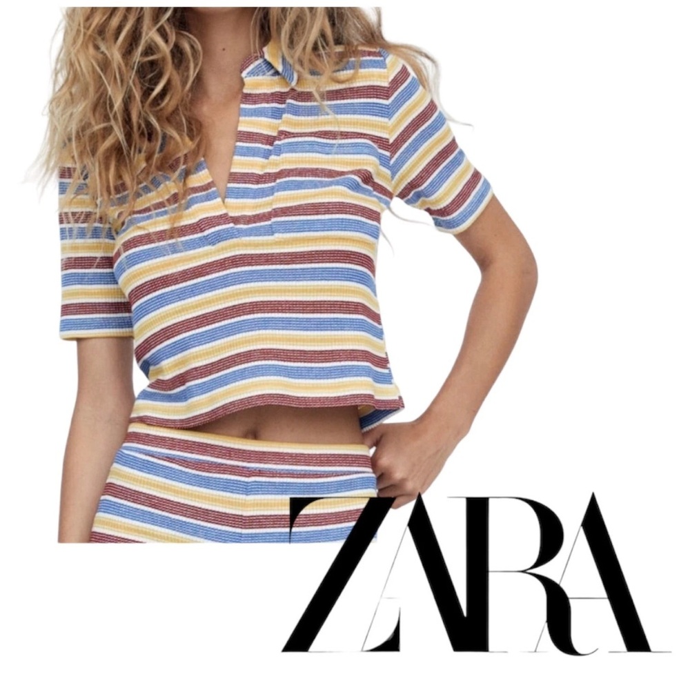 ZARA RIBBED V-NECK STRIPED SHORT SLEEVE SHIRT NWT SMALL